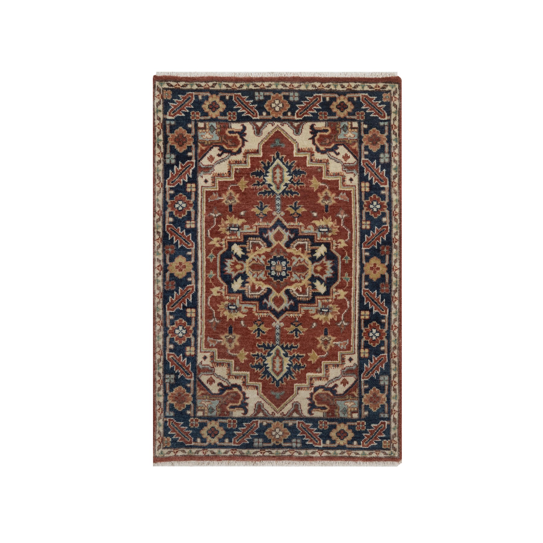2'x3' Auburn Red, Antiqued Fine Heriz Re-Creation, Medallion Design, Hand Knotted, Hand Spun New Zealand Wool, Vegetable Dyes, Soft Pile, Denser Weave, Sample, Mat, Oriental Rug 
